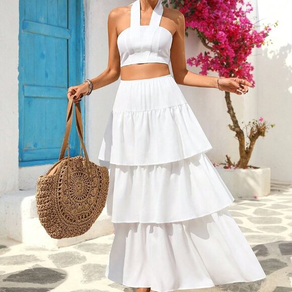 White Boho Women's Short Halter Neck Tank Top And Ruffle Hem Mini Skirt Set - Picture 5 of 6